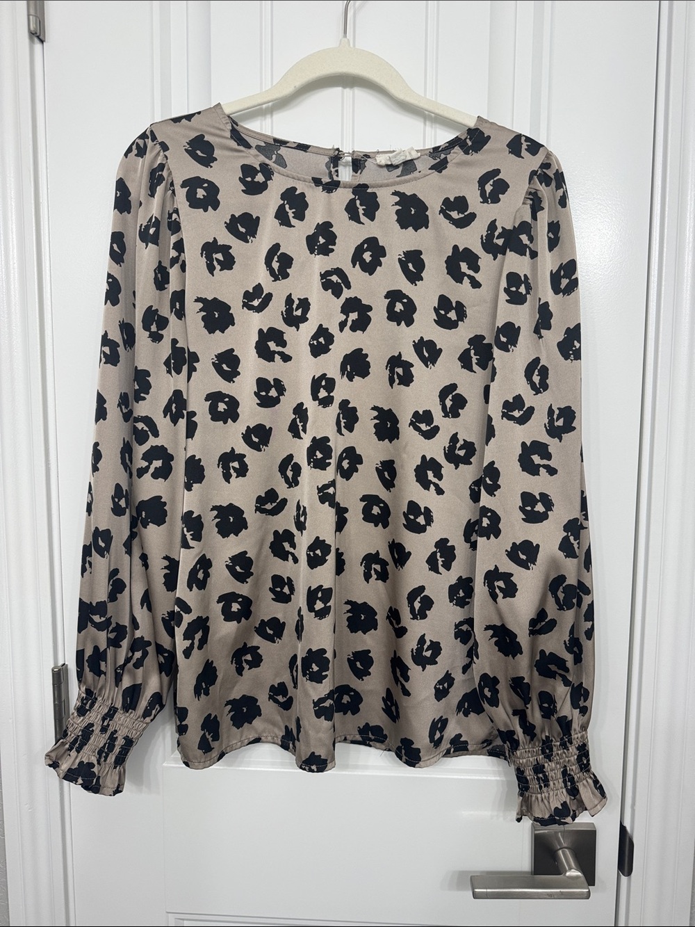 Beige Leopard-Print Long Sleeve Blouse